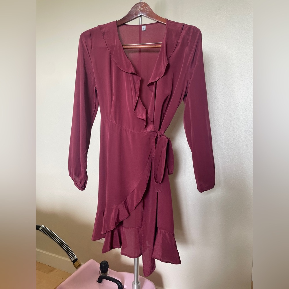 Lilysilk Ruffle Edge Maroon Wrap Dress - 100% Mulberry Silk